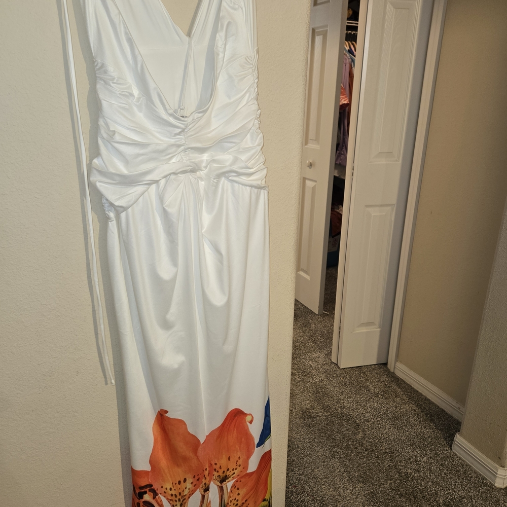 Elegant White Maxi Dress with Orange Floral Design